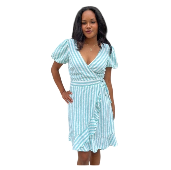 DRAPER JAMES Linen Blend Puff Sleeve Wrap Dress In Blue/white Striped.Size S NWT - Picture 1 of 15